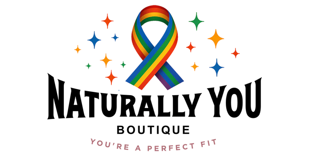 A logo for naturally you boutique with a rainbow ribbon