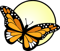 A butterfly is sitting in front of a yellow moon.