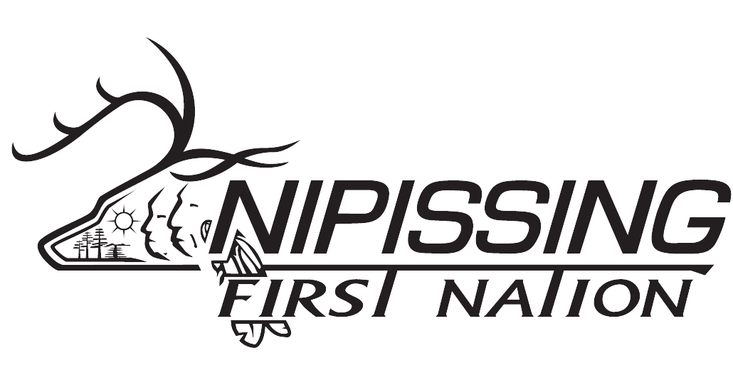 A black and white logo for nipissing first nation with a deer and arrow.