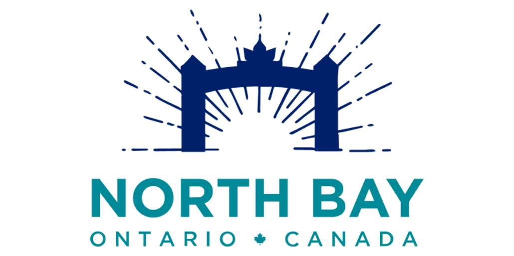 North Bay, Ontario, Canada logo: blue arch with maple leaf, radiating lines, teal text.