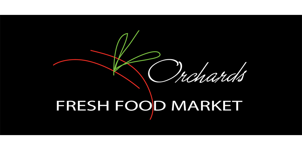 The logo for orchards fresh food market is on a black background.