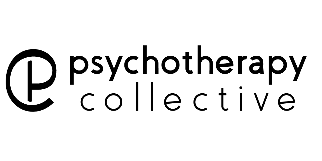 The logo for psychotherapy collective is black and white.
