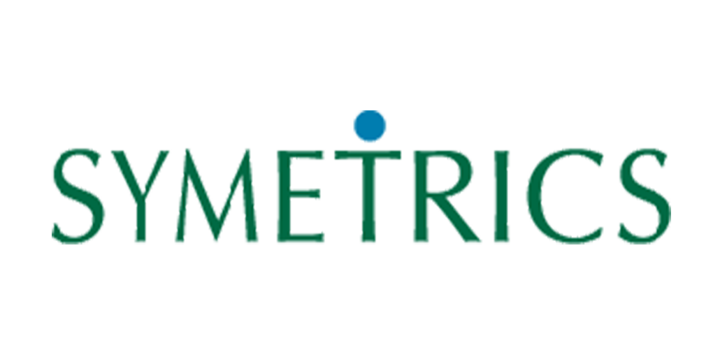 A logo for symmetrics with a blue circle in the middle