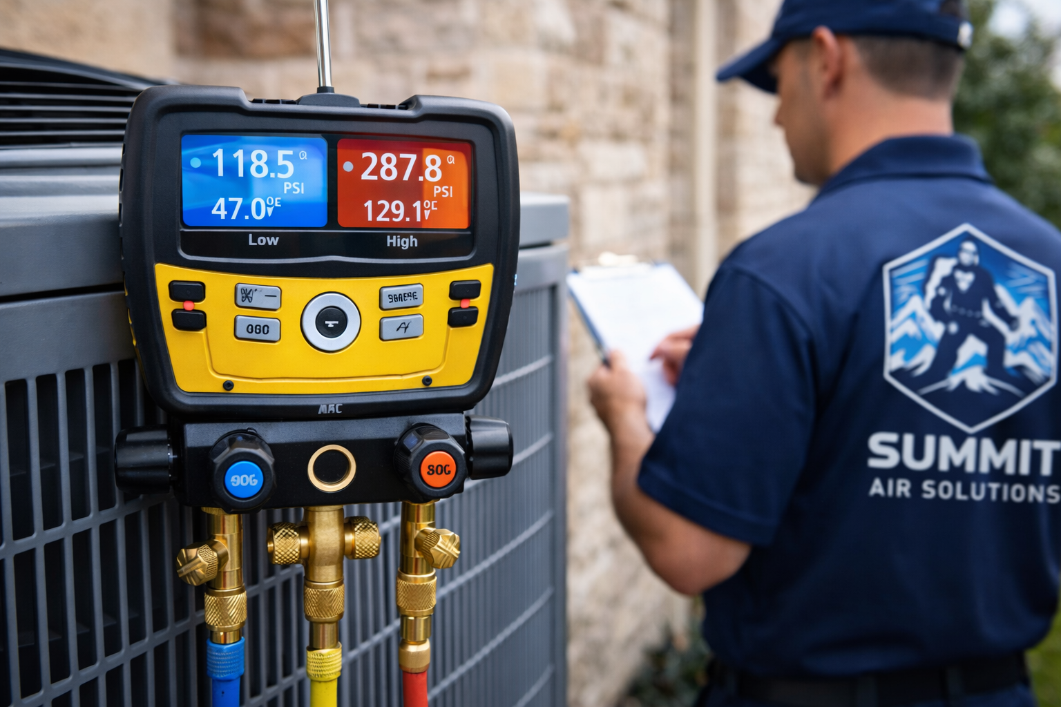 An HVAC technician works outdoors by a unit, using a digital manifold gauge displaying pressure and temperature readings.