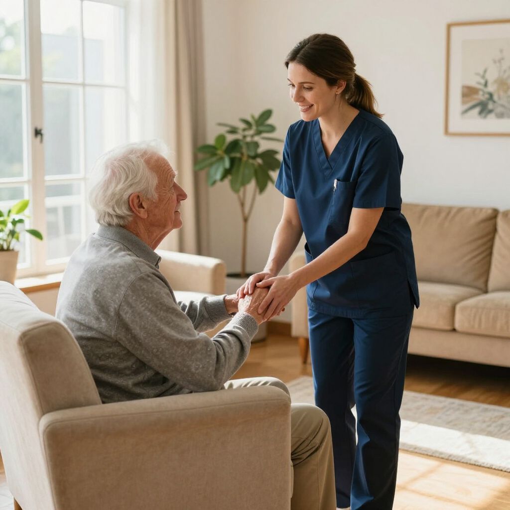 Nurse in navy scrubs holding hands with a seated patient in a bright living room
