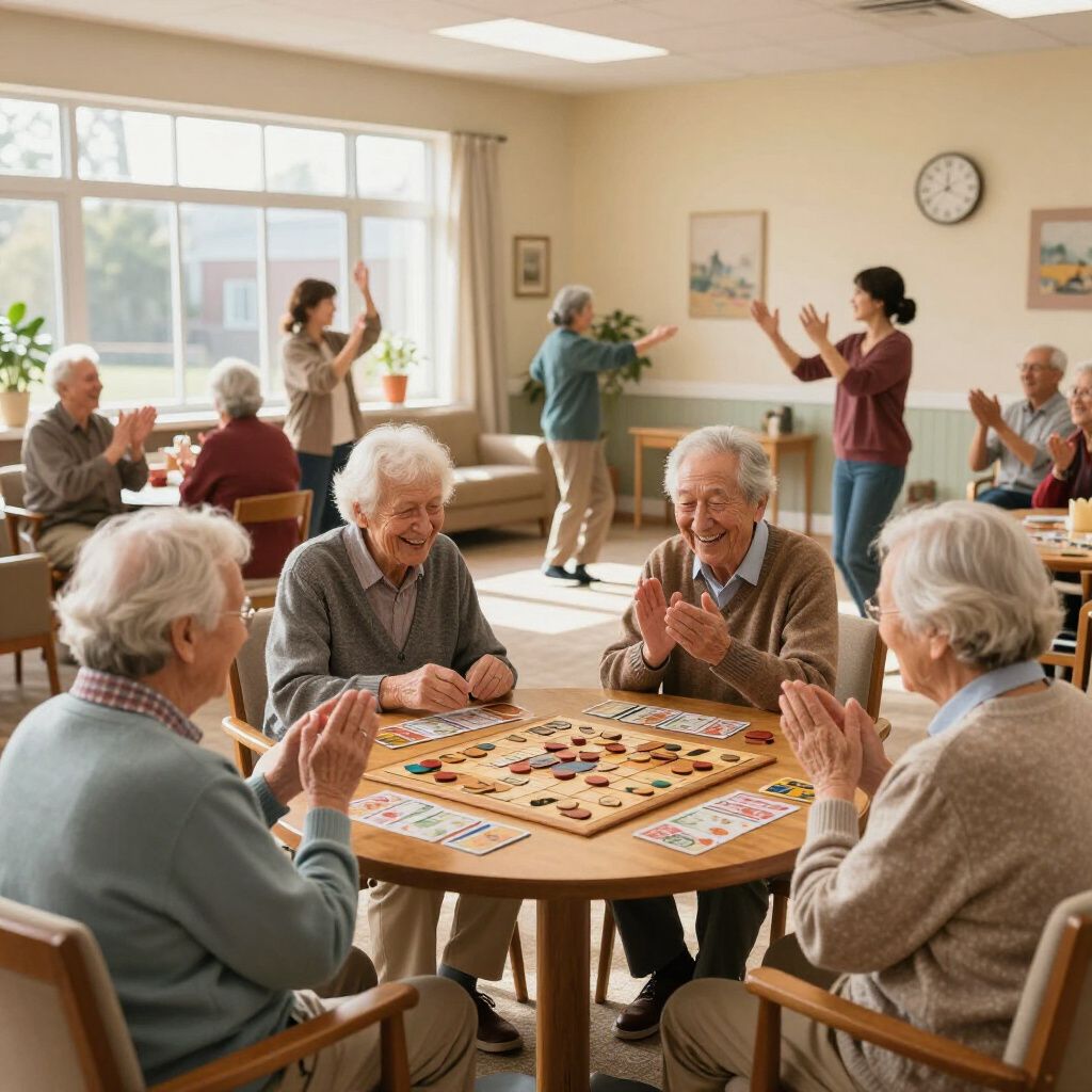 Seniors playing a board game and chatting in a bright community room with large windows.