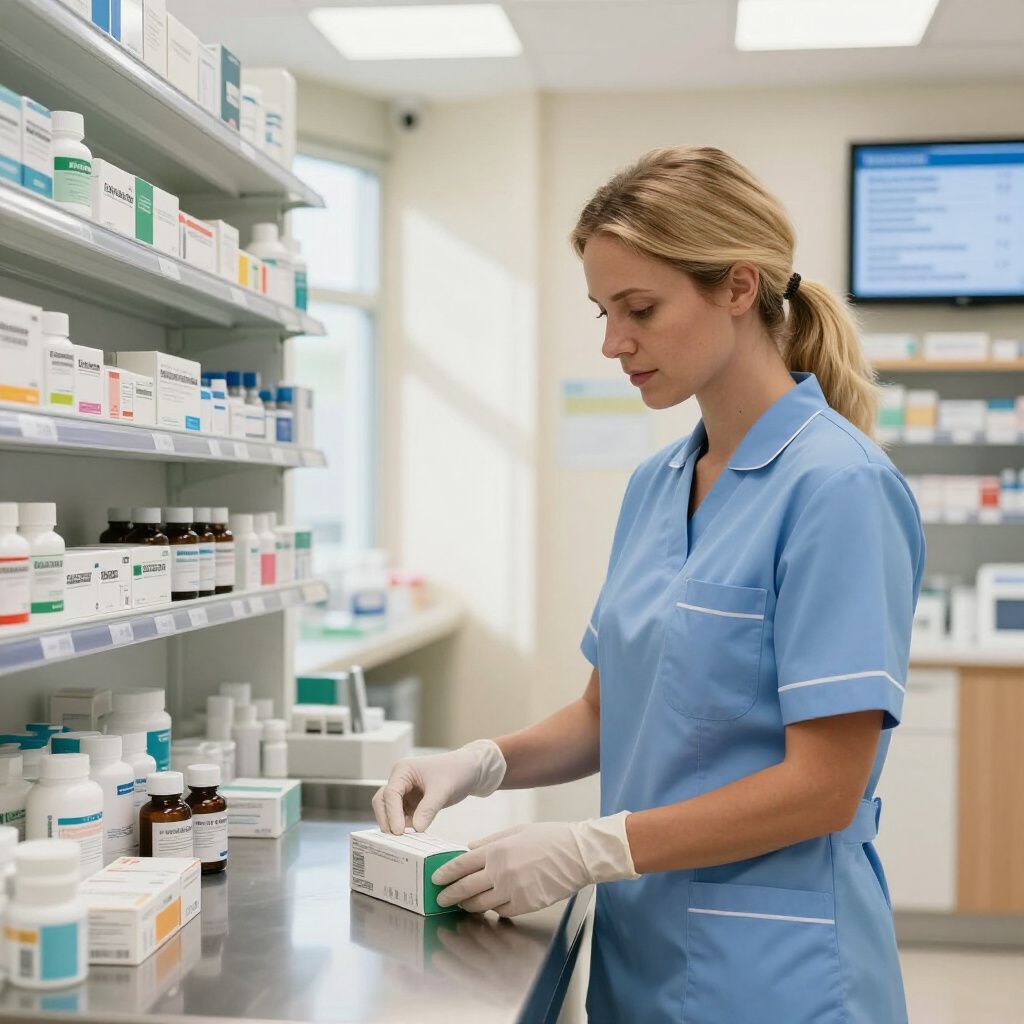 Pharmacist in blue scrubs stocking medicine on shelves in a bright pharmacy.