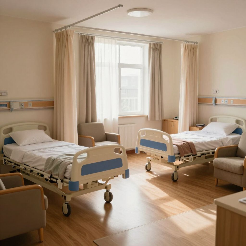 Hospital room with two empty beds, beige curtains, and sunlight streaming through a large window.