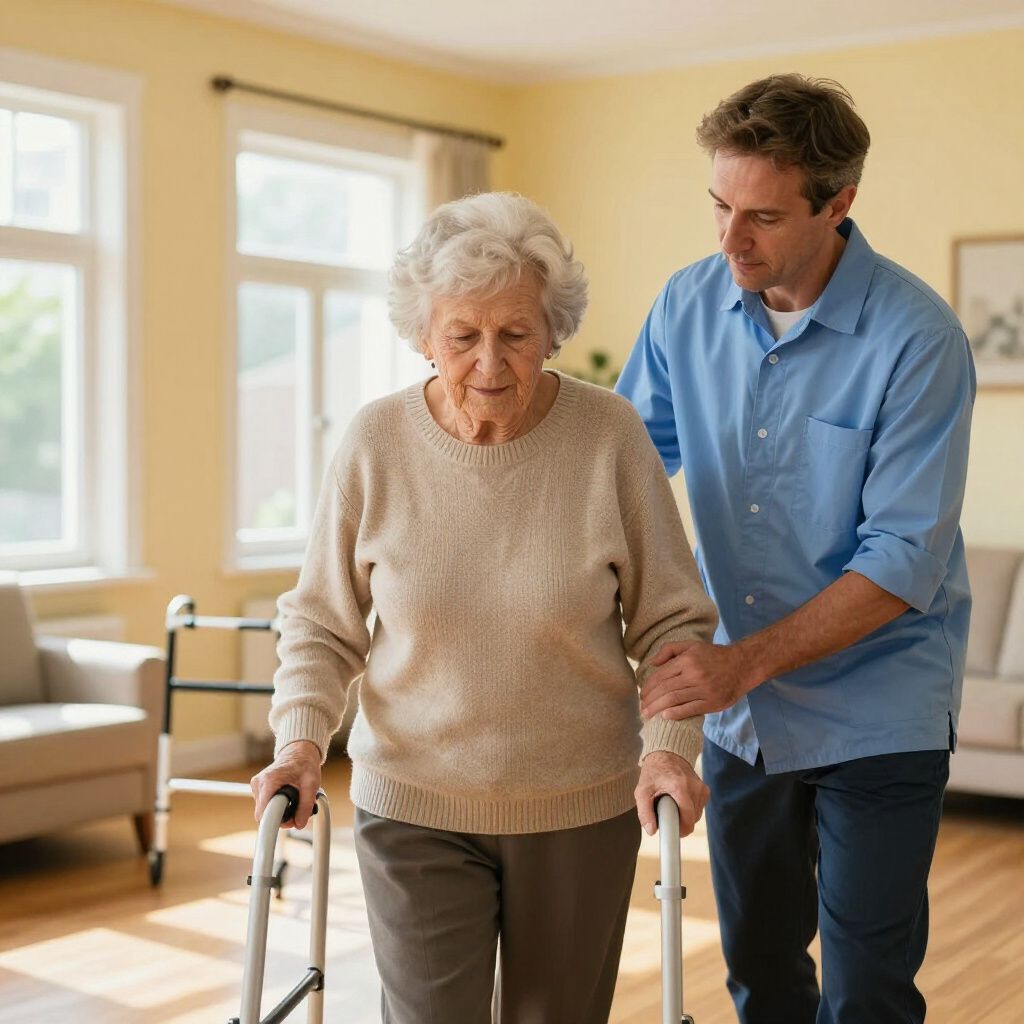 Senior using a walker with support from a caregiver in a bright living room