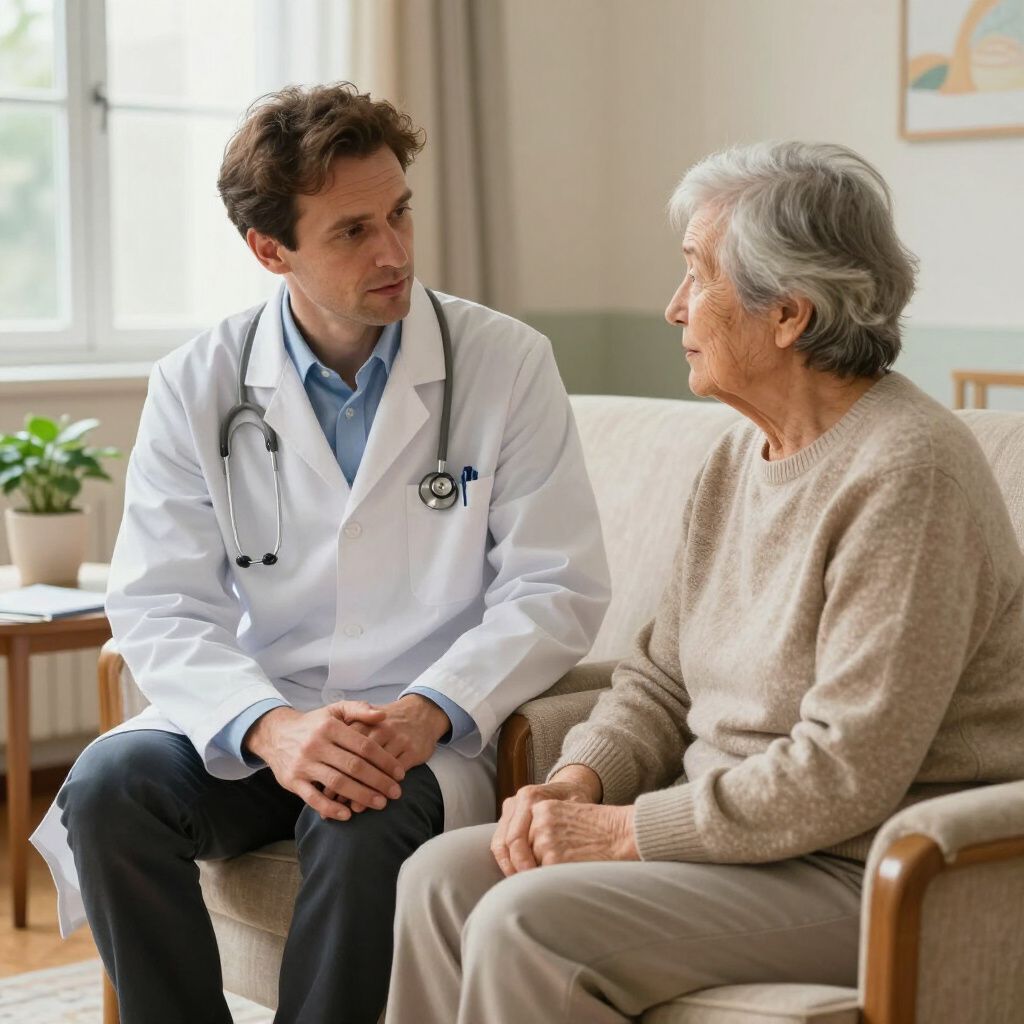 Doctor speaking with an elderly patient in a bright clinic room