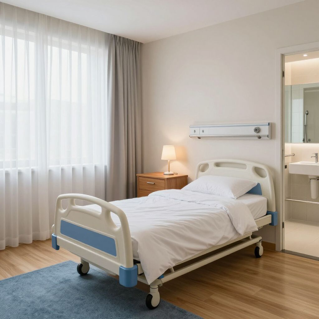Hospital room with an empty bed, bedside table, lamp, and bathroom doorway