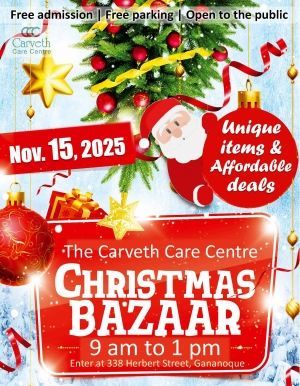Christmas bazaar poster for The Carveth Care Centre, Nov. 15, 2025, 9am–1pm, with festive decorations.