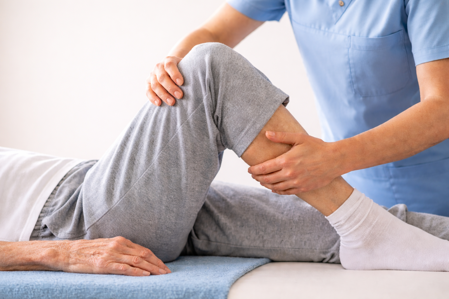 Physical therapist bending a patient’s knee on a treatment table