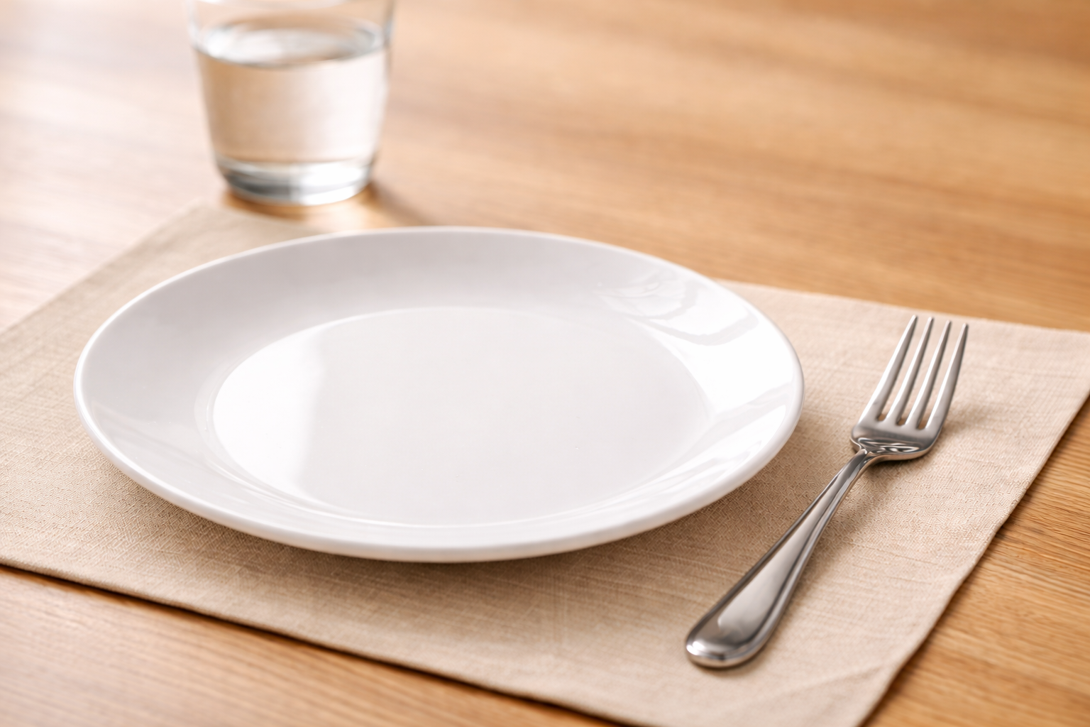 Empty white plate with fork beside a glass of water on a beige placemat on a wooden table