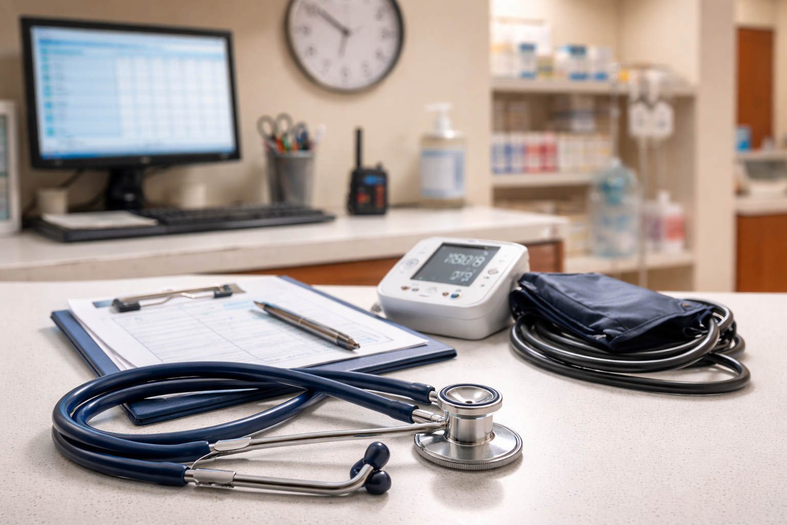 Doctor’s office desk with stethoscope, clipboard, blood pressure monitor, and computer in the background