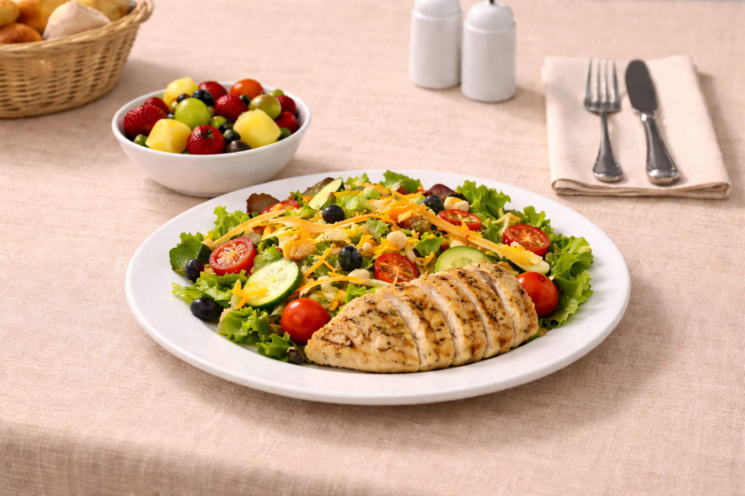 Grilled chicken salad with cherry tomatoes and greens on a white plate, with a fruit bowl and utensils nearby