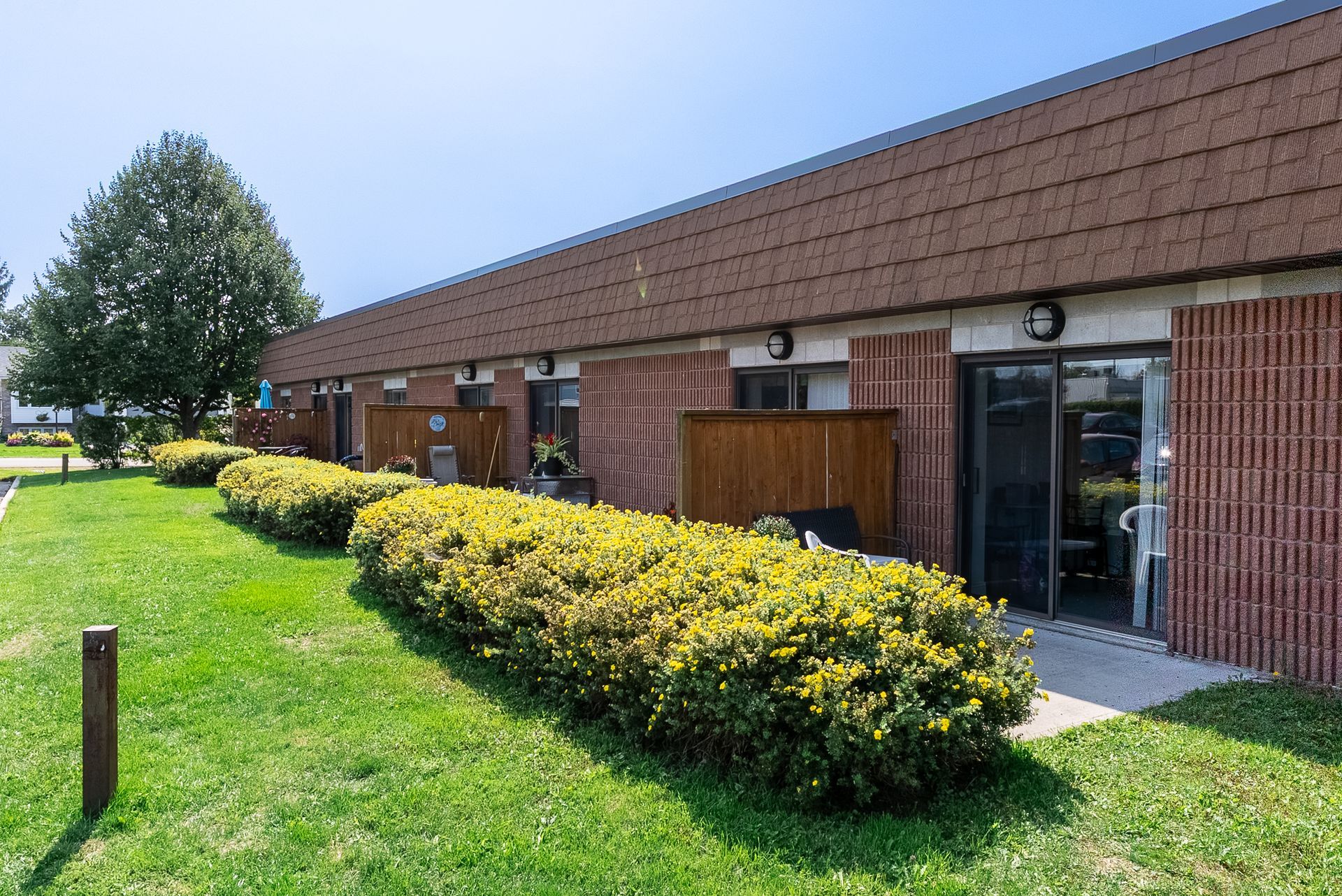 Brick building with brown roof, glass entrance, and trimmed shrubs beside a green lawn.