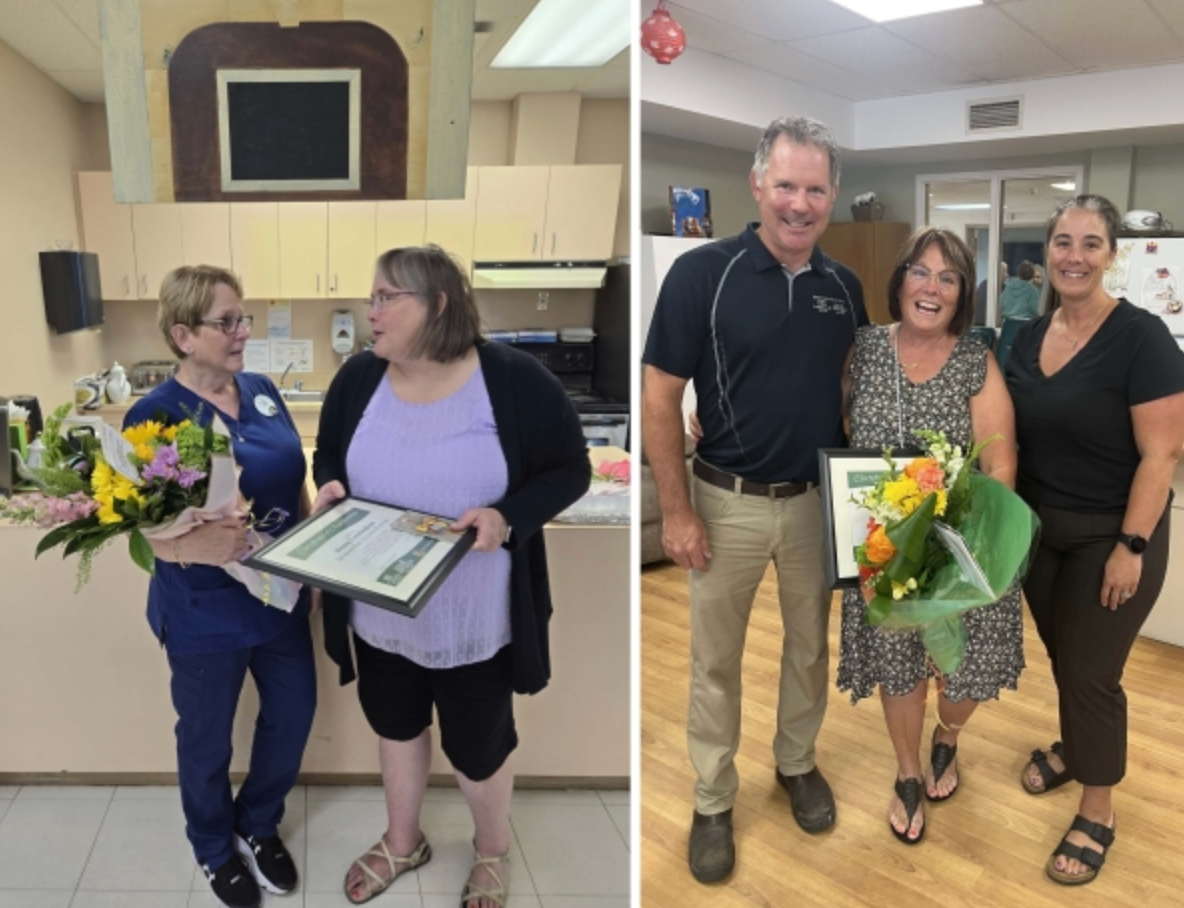 Two side-by-side photos of people receiving flowers and certificates in a bright room