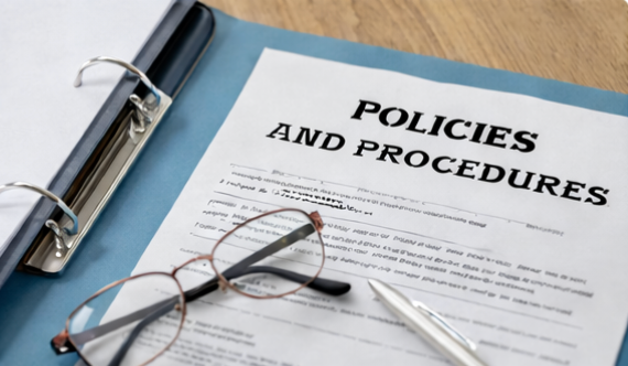Binder with “Policies and Procedures” document and reading glasses on a desk