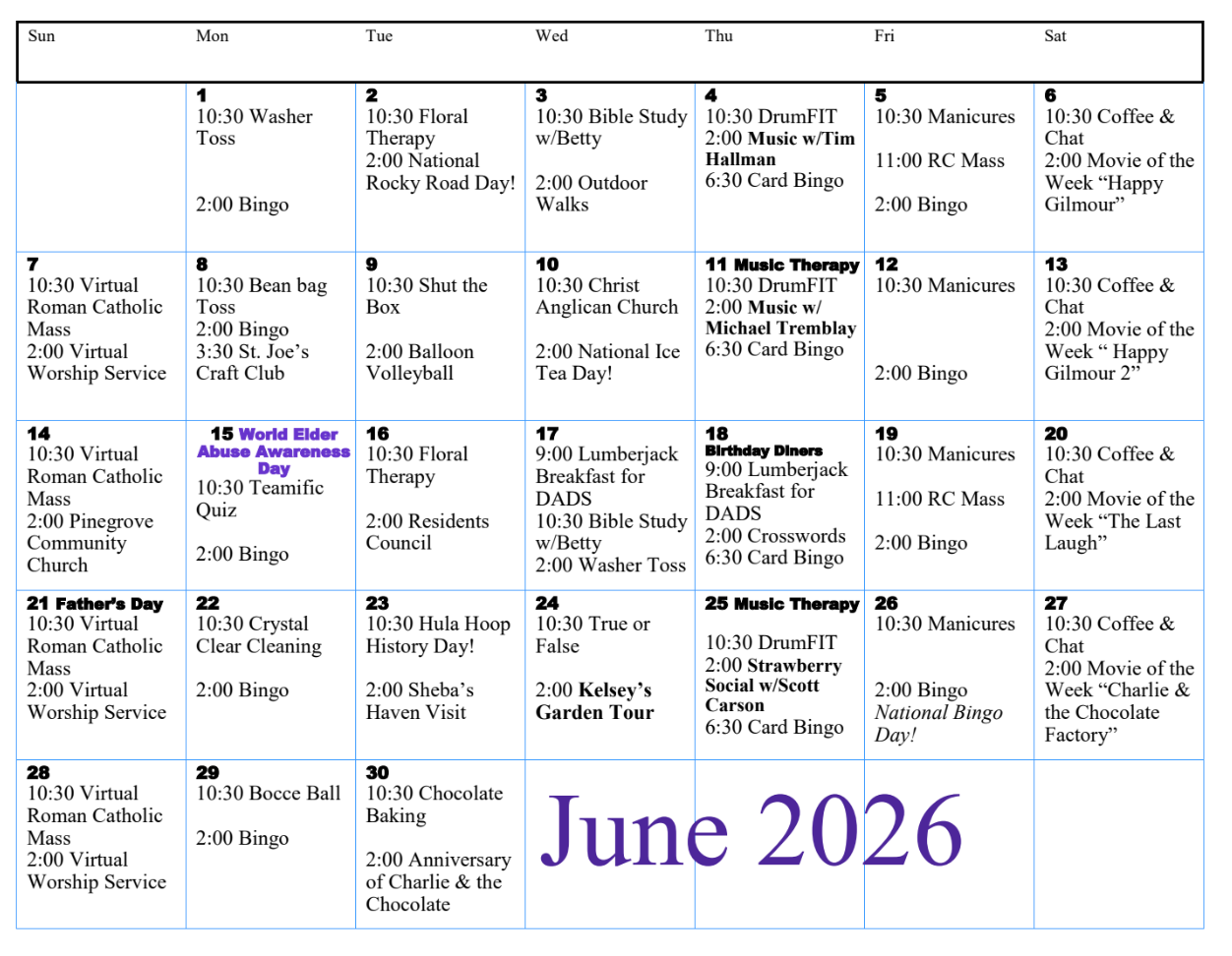 May 2026 monthly calendar with pink header and densely filled event notes.