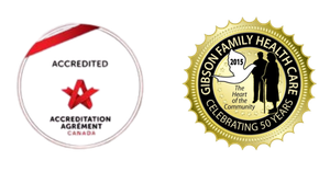 Two accreditation logos: red Accreditation Canada seal and gold Guelph Family Healthcare badge.