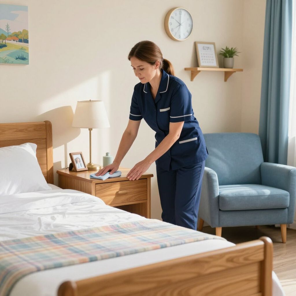 Nurse tidying a bedside table in a bright, neatly made hospital room