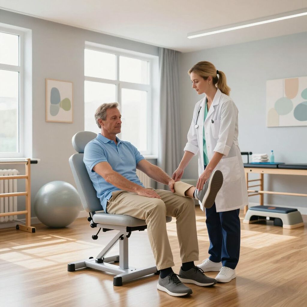 Physical therapist assisting a seated patient with leg exercise in a bright clinic room