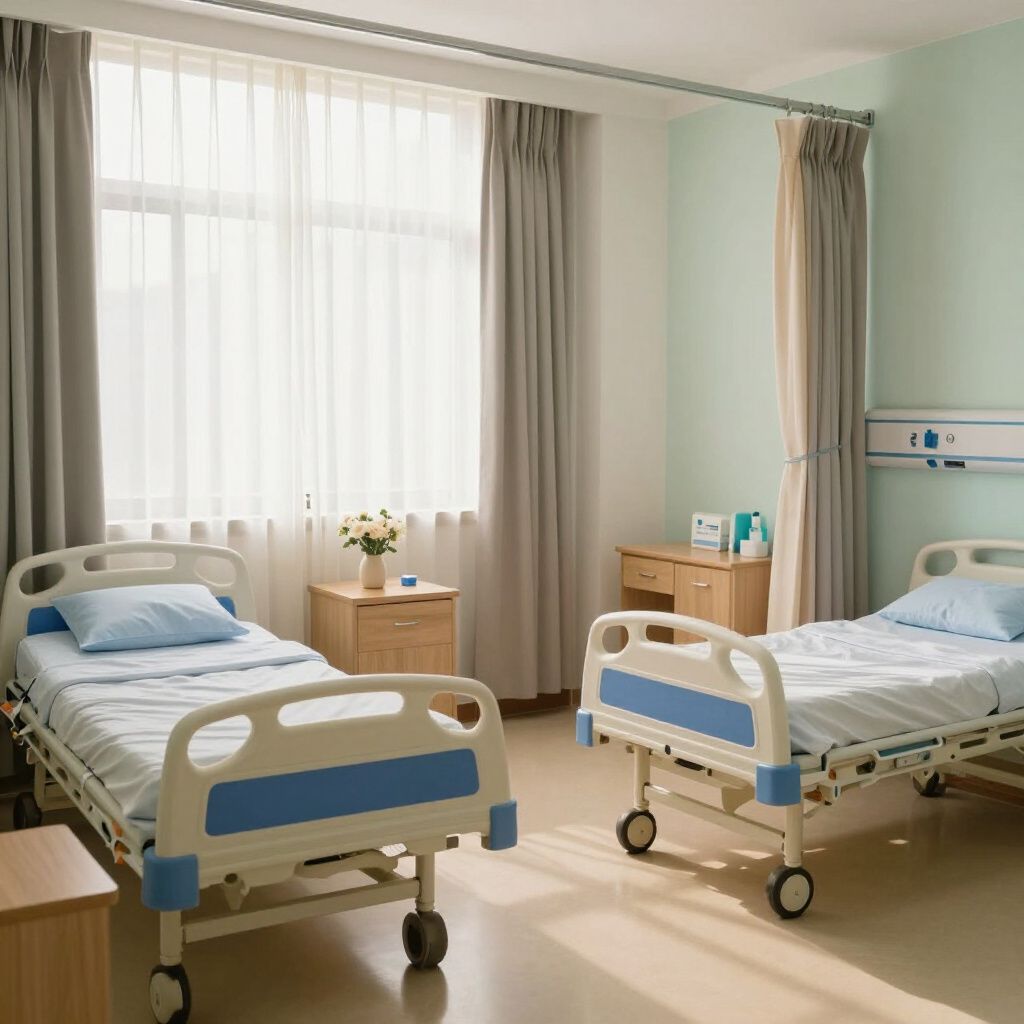 Bright hospital room with two empty beds, large curtained windows, and bedside tables in soft light