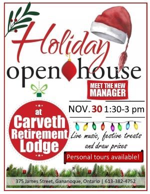Holiday open house poster at Carveth Retirement Lodge, Nov. 30, 1:30–3 p.m., with Santa hat and green/red text.
