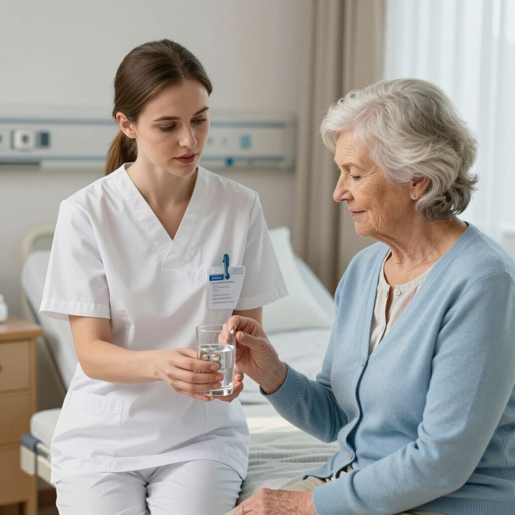 Nurse in white uniform helps an elderly patient hold a glass of water in a hospital room