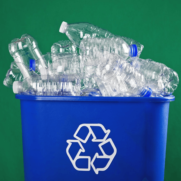 A recycling bin stuffed with plastic water bottles