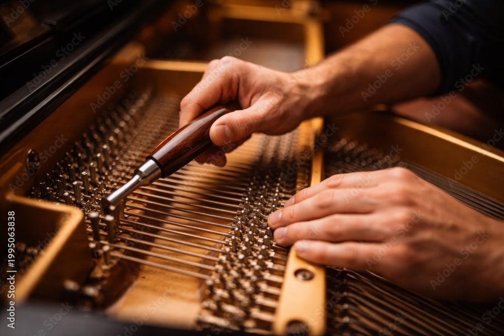 Piano technician tuning grand piano strings with tuning hammer closeup of hands and tool. Piano technician tuning grand piano strings with tuning hammer closeup of hands and tool.