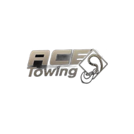 ACE Towing logo: silver letters, towing hook graphic, white background.