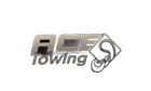 Silver ACE Towing logo with a stylized tow hook on a white background.