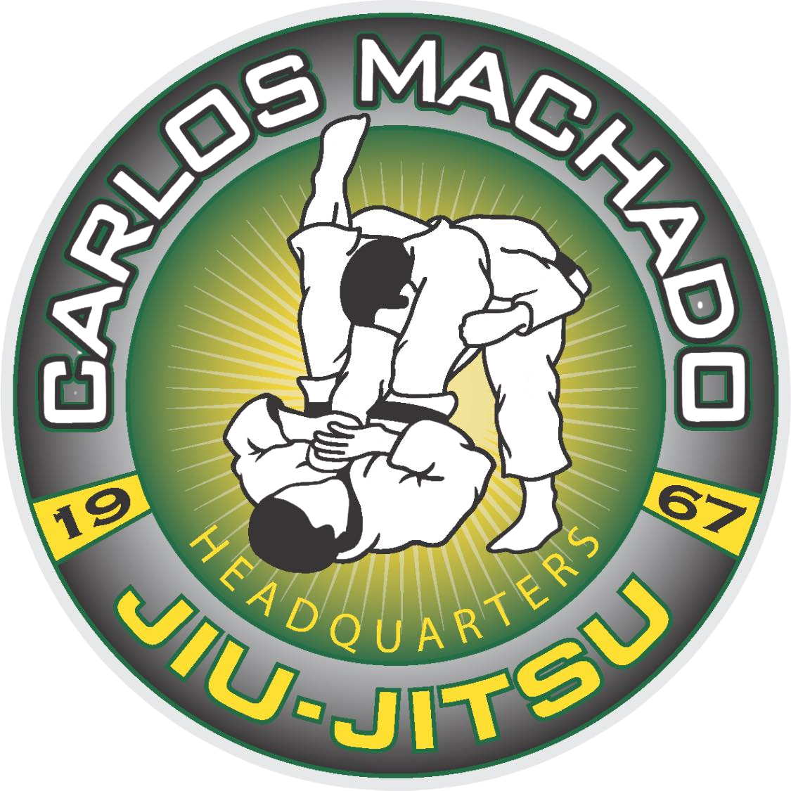 Carlos Machado Jiu-Jitsu logo: Two figures in white gis grappling; green and yellow circular design; text: "Carlos Machado" and "Jiu-Jitsu".