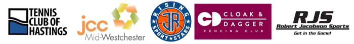 The logos for jcc mid westchester cloak & dagger and tennis club of hastings