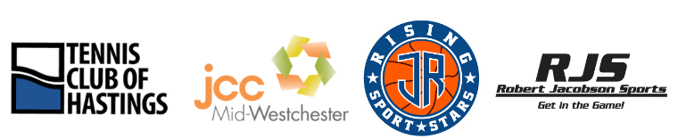 The logos for jcc mid westchester rising sports starts robert Jacobson sports and tennis club of hastings