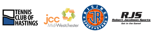 The logos for jcc mid westchester rising sports starts robert Jacobson sports and tennis club of hastings