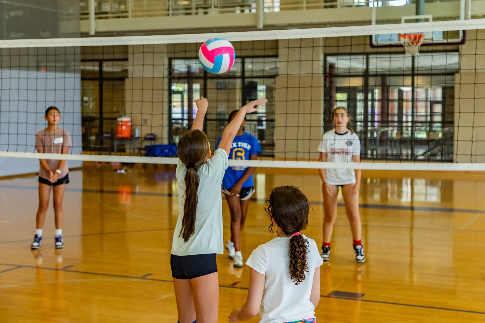 Girls playing volleyball in a gymnasium; one about to serve a pink and blue ball over the net.