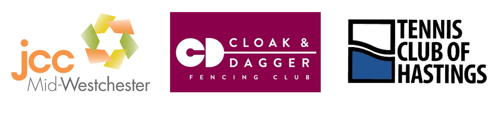 The logos for jcc mid westchester cloak & dagger and tennis club of hastings