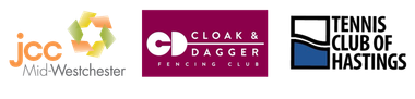 The logos for jcc mid westchester cloak & dagger and tennis club of hastings