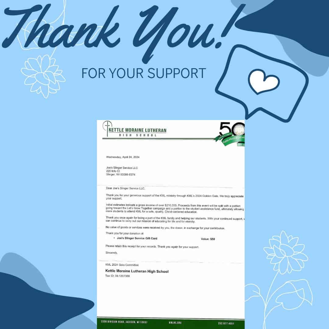 Thank You message with a letter from a high school on a blue background, with decorative elements. | Joe's Slinger Service