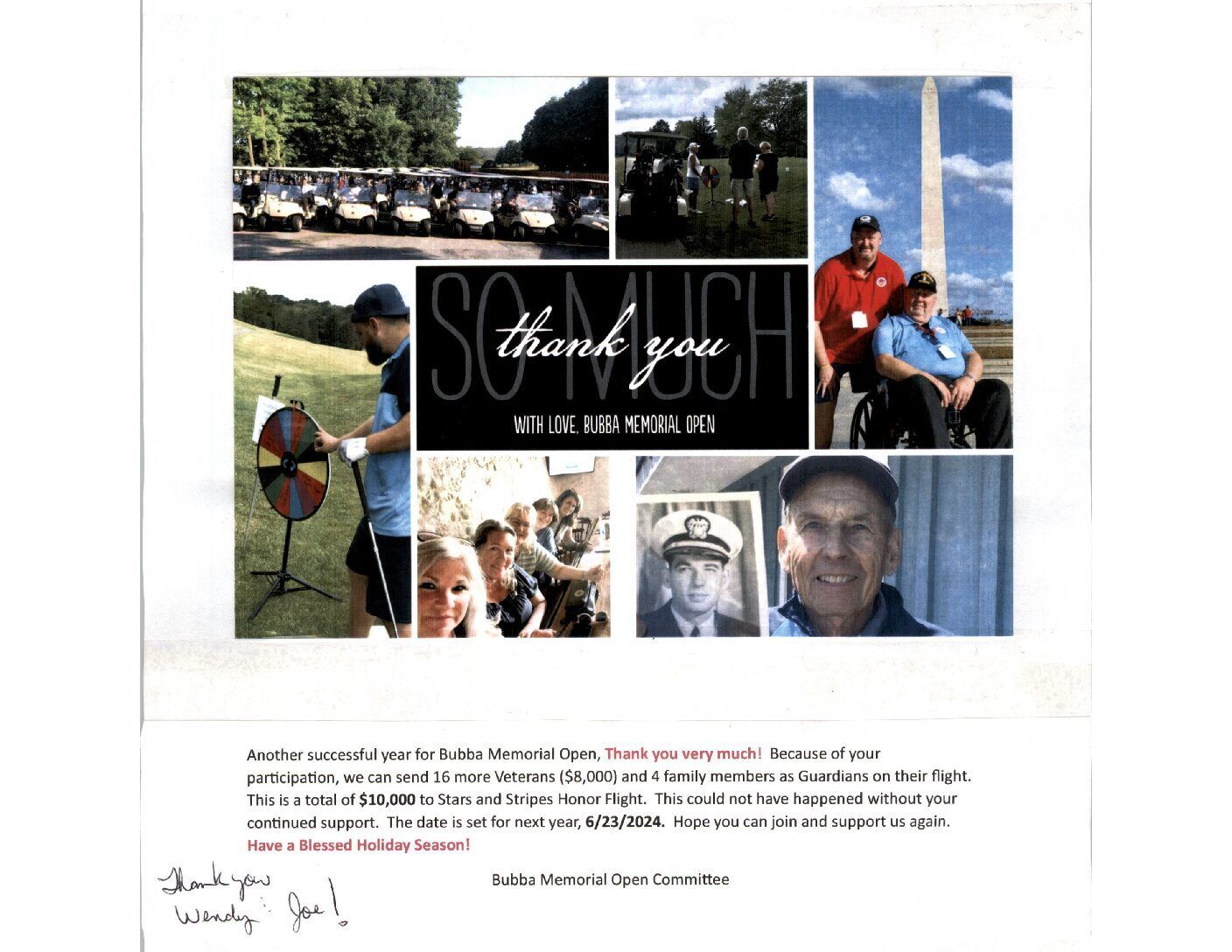 Thank you note with photos from the Boba Memorial Open, a golf event, including volunteers and veterans. | Joe's Slinger Service