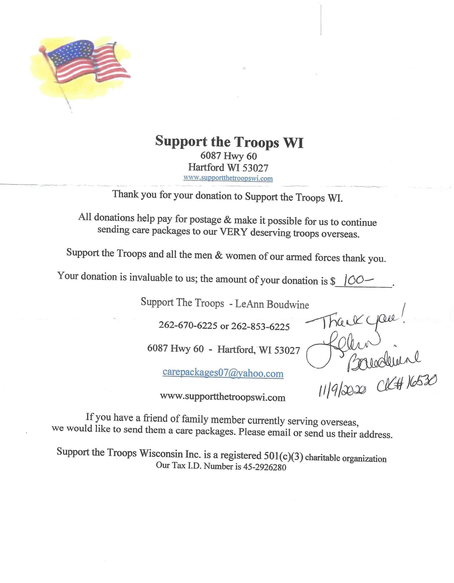 Receipt from Support the Troops WI, with an American flag graphic, and a thank you note for a $100 donation. | Joe's Slinger Service