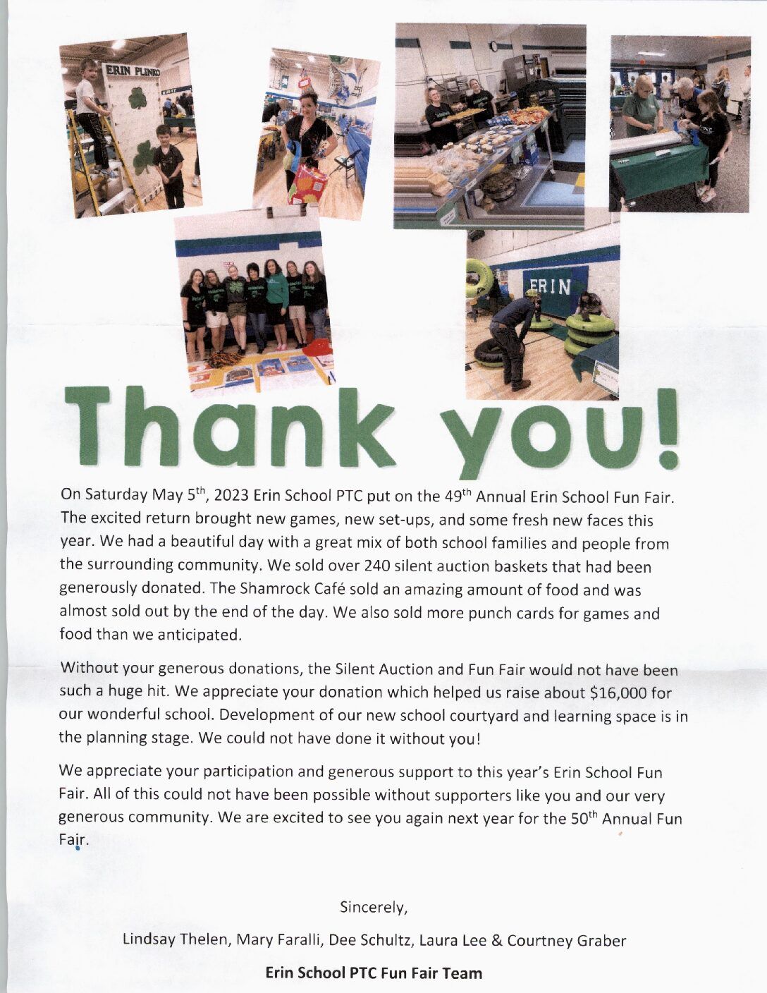 Thank you note for a school fun fair with group photos, booths, and silent auction items. | Joe's Slinger Service