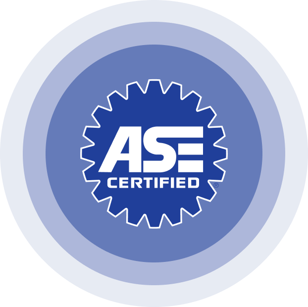 Blue and white ASE Certified logo with a gear-shaped border inside concentric circles. | Joe's Slinger Service