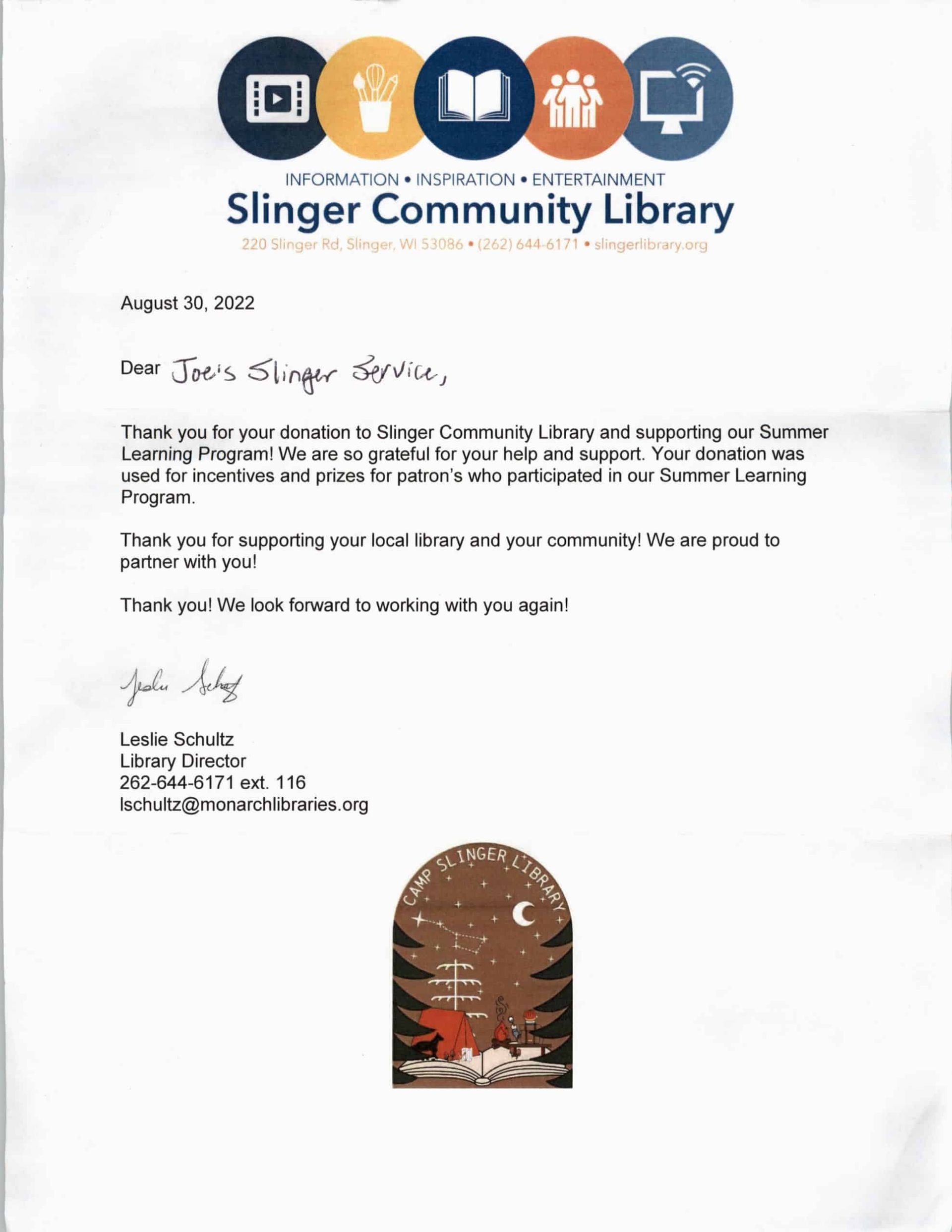Letter from Slinger Community Library thanking for donation; includes logo and signature. | Joe's Slinger Service