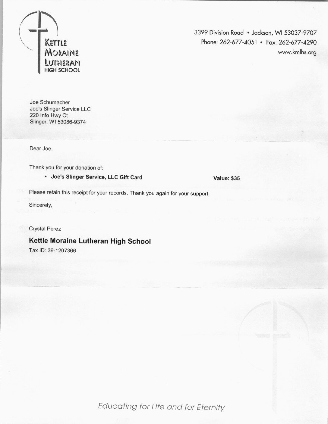 A donation receipt from Kettle Moraine Lutheran High School for a Joe's Burger Haven gift card. | Joe's Slinger Service