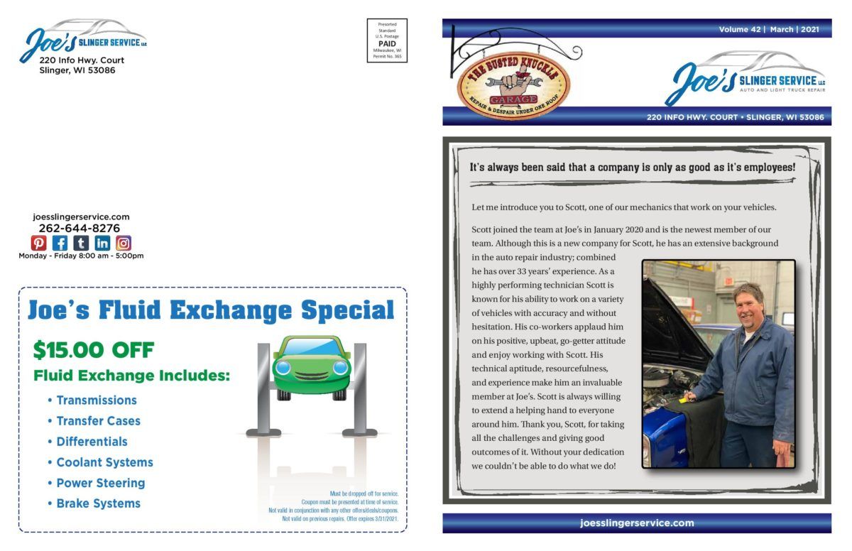 Direct mail advertisement for Joe's Auto Service, offering a $15 fluid exchange special. | Joe's Slinger Service