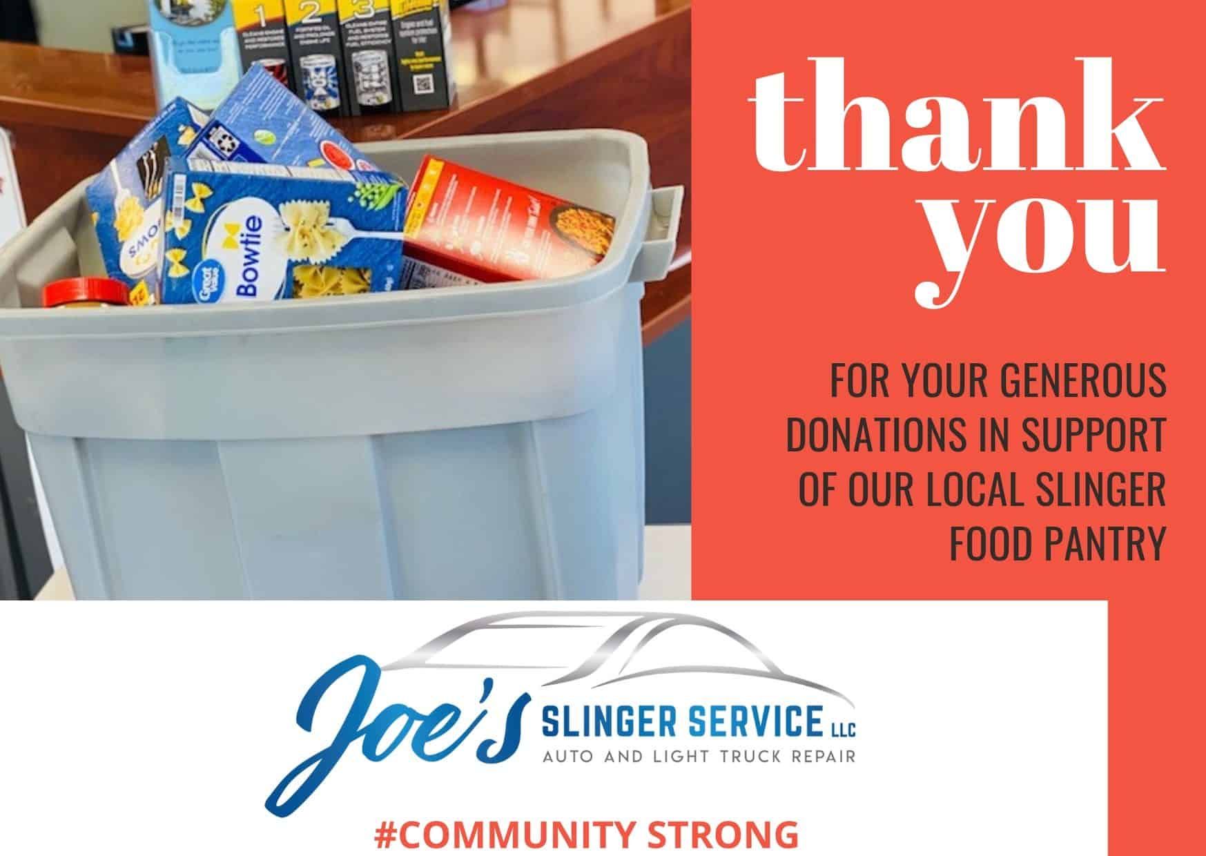 Donation bin with food, thank you message. Sponsored by Joe's Slinger Service to support a local food pantry. | Joe's Slinger Service